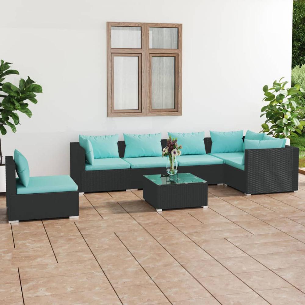 vidaXL 7 Piece Patio Lounge Set with Cushions Poly Rattan Black, 3102329. Picture 1