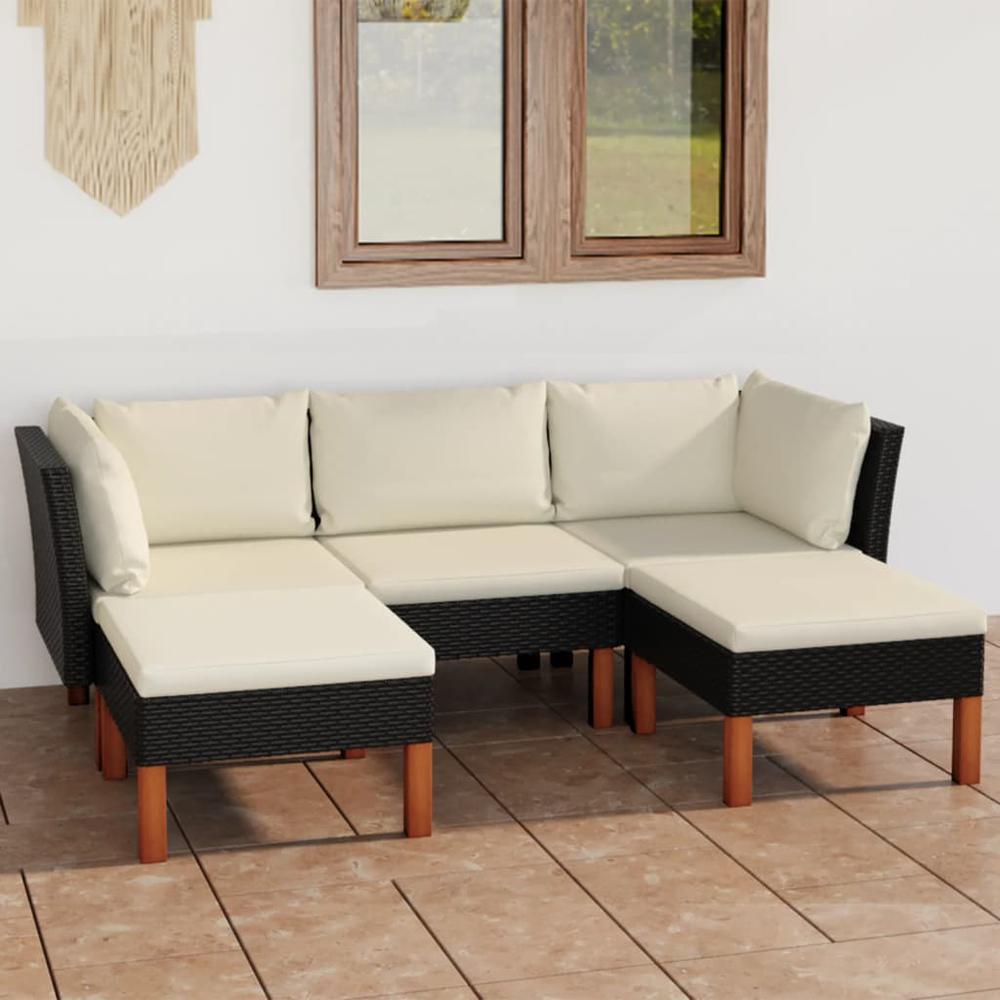 vidaXL 5 Piece Patio Lounge Set with Cushions Poly Rattan Black, 3059733. Picture 1