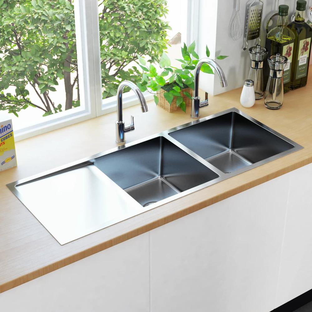 vidaXL Handmade Kitchen Sink with Strainer Stainless Steel, 145081. Picture 3