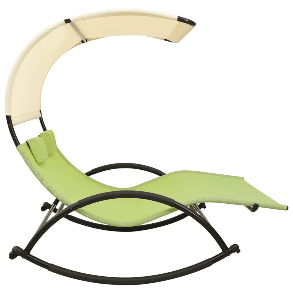 vidaXL Double Sun Lounger with Canopy Textilene Green and Cream. Picture 3