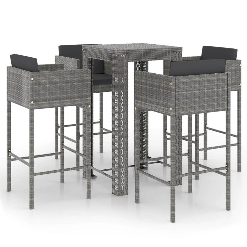vidaXL 5 Piece Patio Bar Set with Cushions Poly Rattan Gray, 3094782. Picture 2