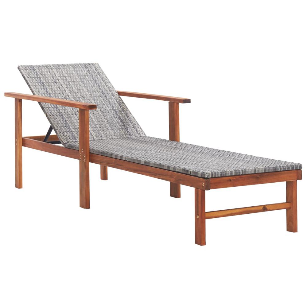 vidaXL Sun Lounger with Cushion Poly Rattan and Solid Acacia Wood Gray, 48705. Picture 2