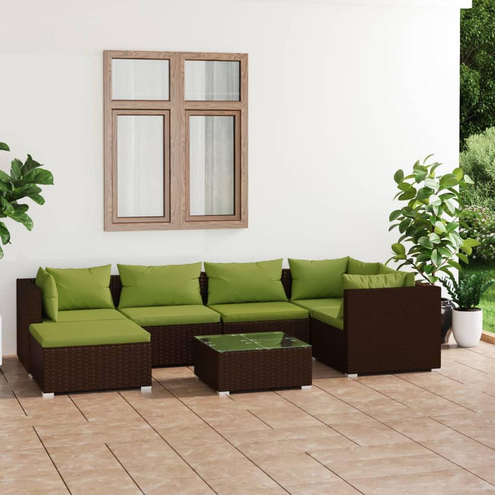 vidaXL 7 Piece Patio Lounge Set with Cushions Poly Rattan Brown, 3101820. Picture 1