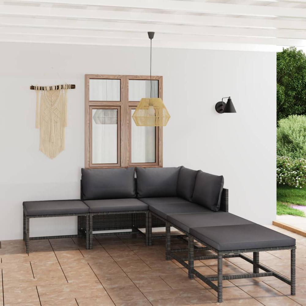 vidaXL 6 Piece Patio Lounge Set with Cushions Poly Rattan Gray, 3059757. Picture 1