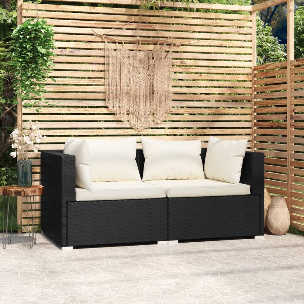 vidaXL 2-Seater Sofa with Cushions Black Poly Rattan, 317487. Picture 1
