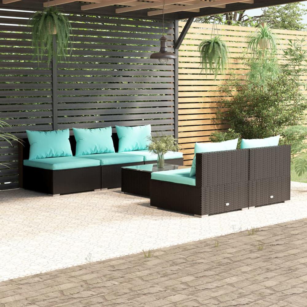 vidaXL 6 Piece Patio Lounge Set with Cushions Poly Rattan Black, 3101449. Picture 1