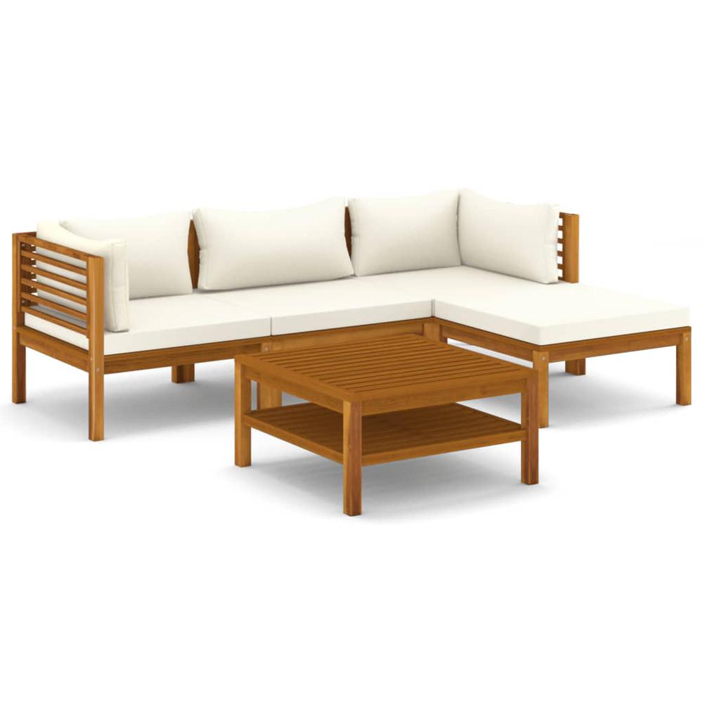 vidaXL 5 Piece Patio Lounge Set with Cream Cushion Solid Acacia Wood, 3086927. Picture 1
