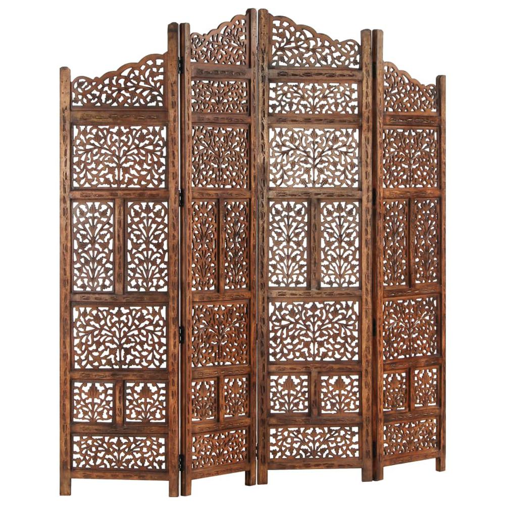vidaXL Hand carved 4-Panel Room Divider Brown 63"x65" Solid Mango Wood, 285329. Picture 2