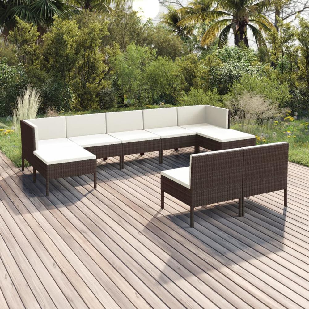vidaXL 9 Piece Patio Lounge Set with Cushions Poly Rattan Brown, 3094547. Picture 1