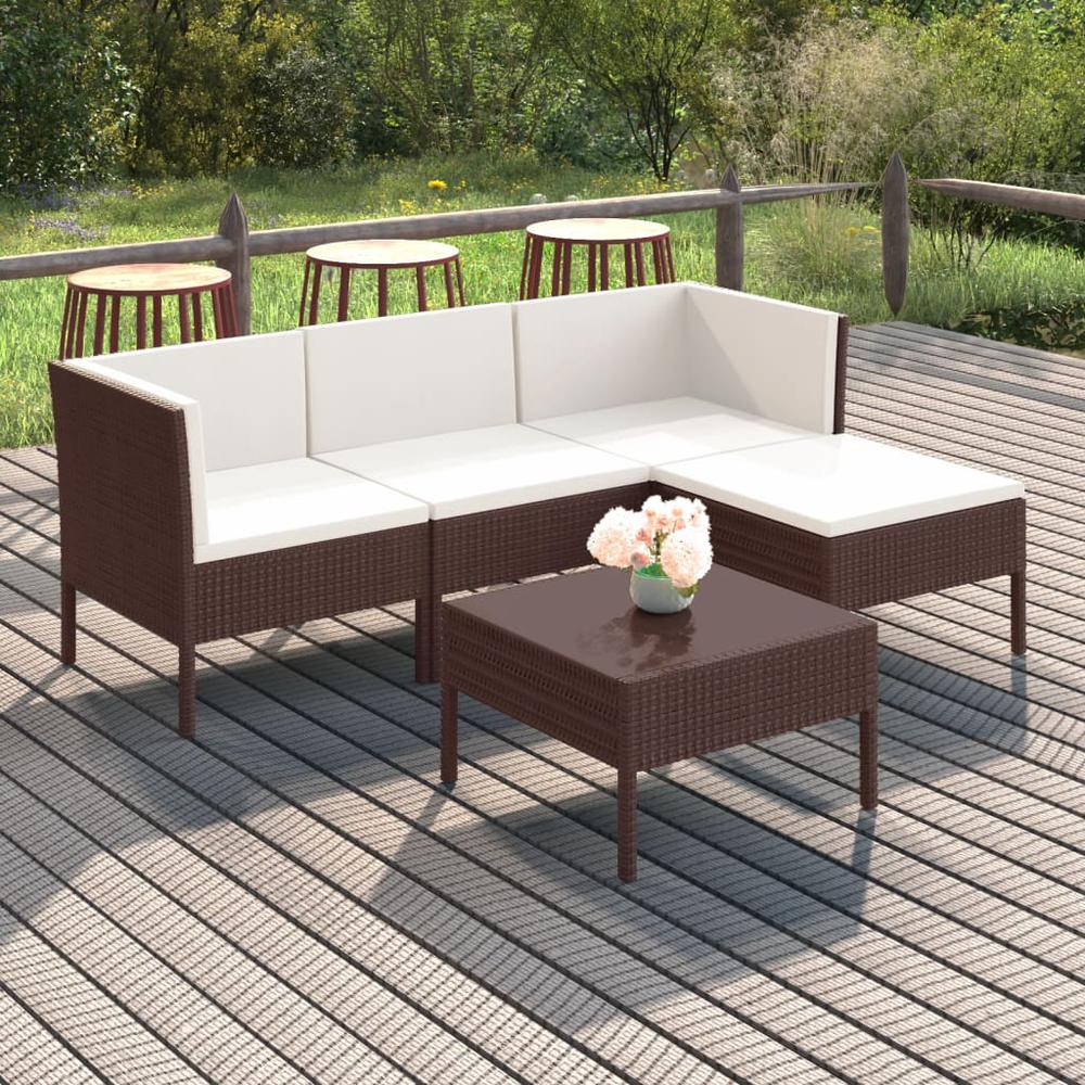vidaXL 5 Piece Patio Lounge Set with Cushions Poly Rattan Brown, 3094375. Picture 1