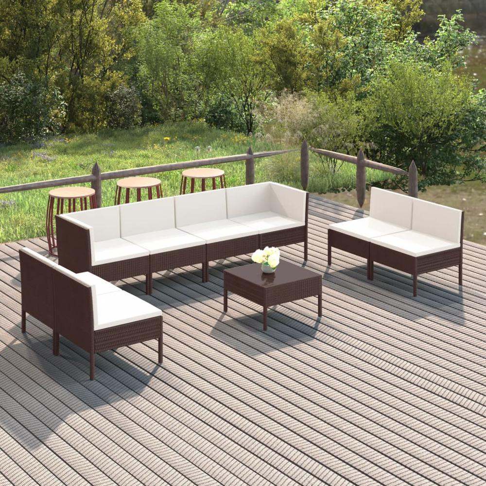 vidaXL 9 Piece Patio Lounge Set with Cushions Poly Rattan Brown, 3094359. Picture 1