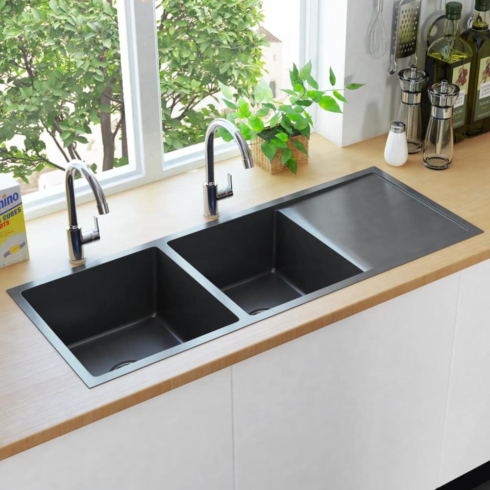 vidaXL Handmade Kitchen Sink with Strainer Black Stainless Steel, 145087. Picture 1