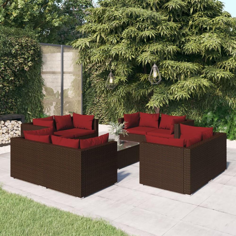 vidaXL 9 Piece Patio Lounge Set with Cushions Poly Rattan Brown, 3101563. The main picture.