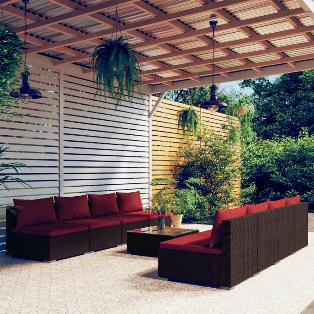 vidaXL 9 Piece Patio Lounge Set with Cushions Poly Rattan Brown, 3101475. Picture 1