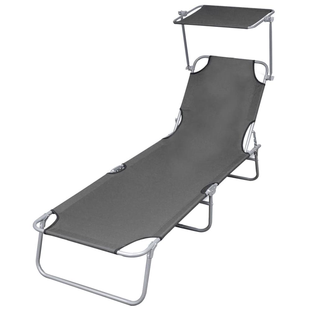 vidaXL Folding Sun Lounger with Canopy Steel Gray, 44291. Picture 1