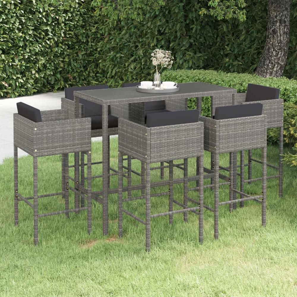 vidaXL 7 Piece Patio Bar Set with Cushions Poly Rattan Gray, 3094797. Picture 1