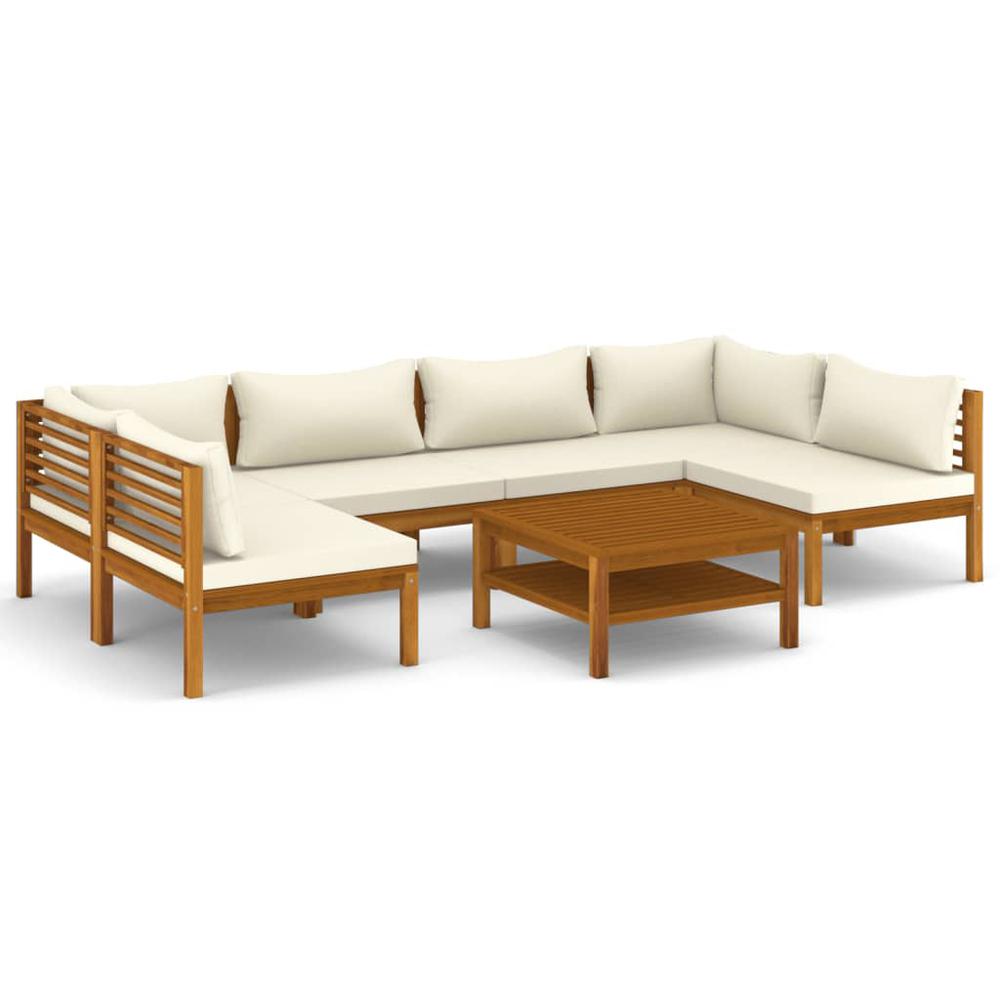vidaXL 7 Piece Patio Lounge Set with Cream Cushion Solid Acacia Wood, 3086947. Picture 2