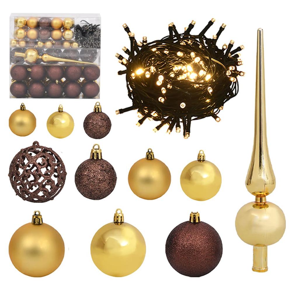 vidaXL 120 Piece Christmas Ball Set with Peak and 300 LEDs Gold&Bronze. Picture 1