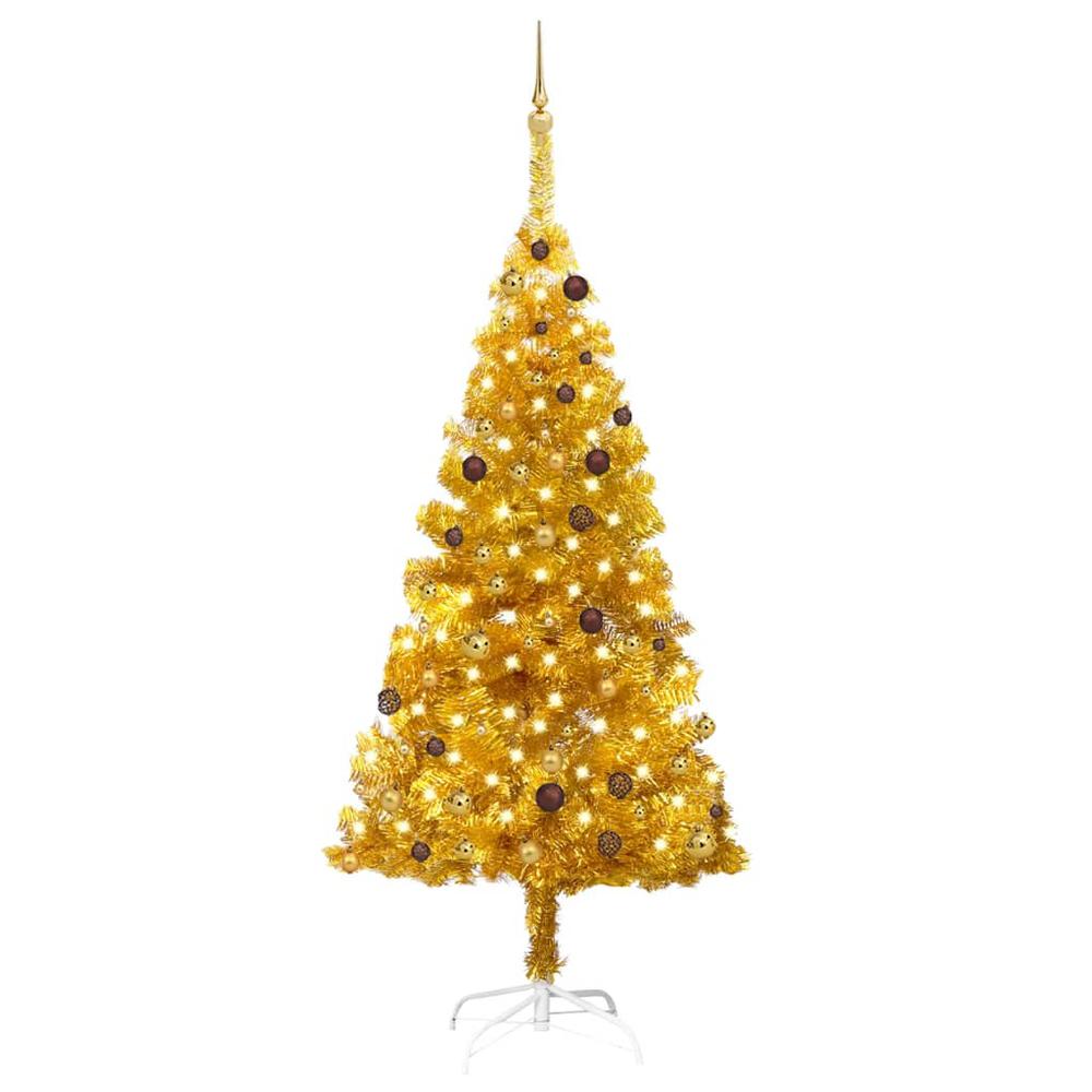 vidaXL Artificial Christmas Tree with LEDs&Ball Set Gold 82.7" PET, 3077520. Picture 1