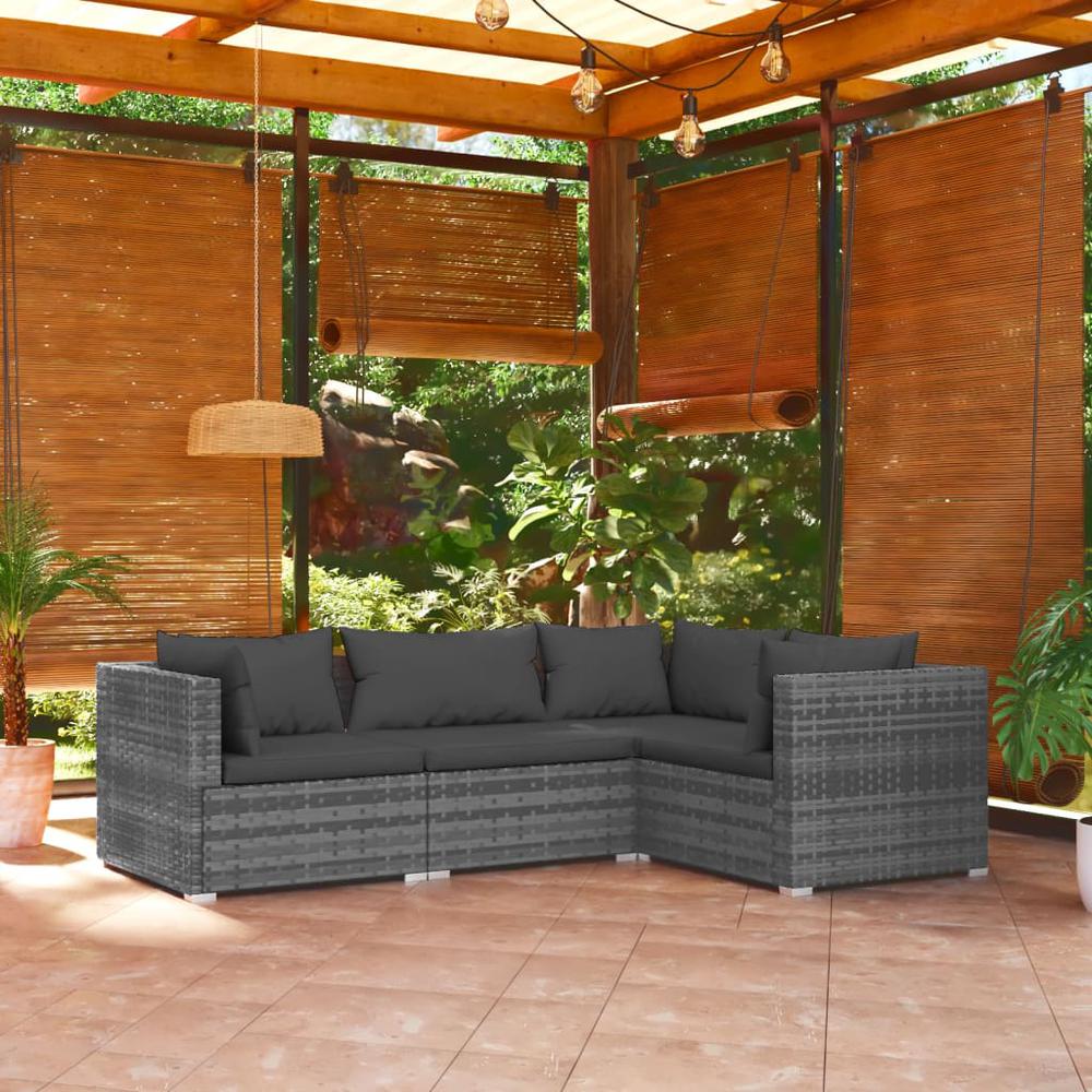 vidaXL 4 Piece Patio Lounge Set with Cushions Poly Rattan Gray, 3101677. Picture 1