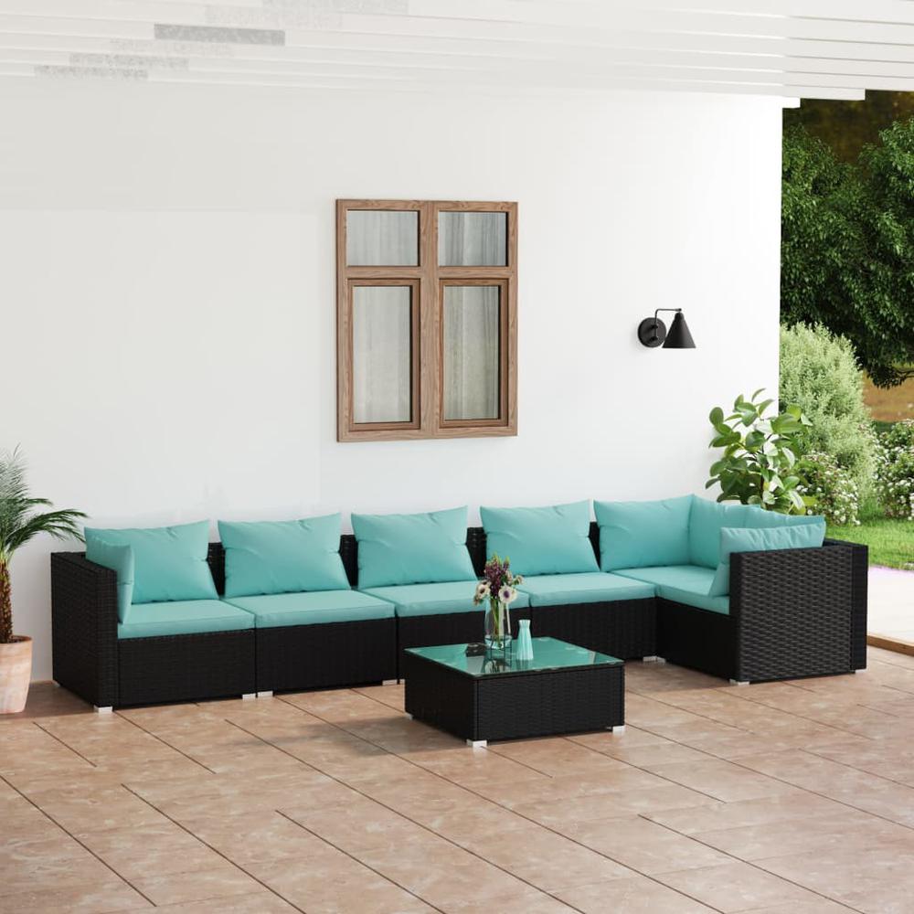 vidaXL 7 Piece Patio Lounge Set with Cushions Poly Rattan Black, 3101721. Picture 1