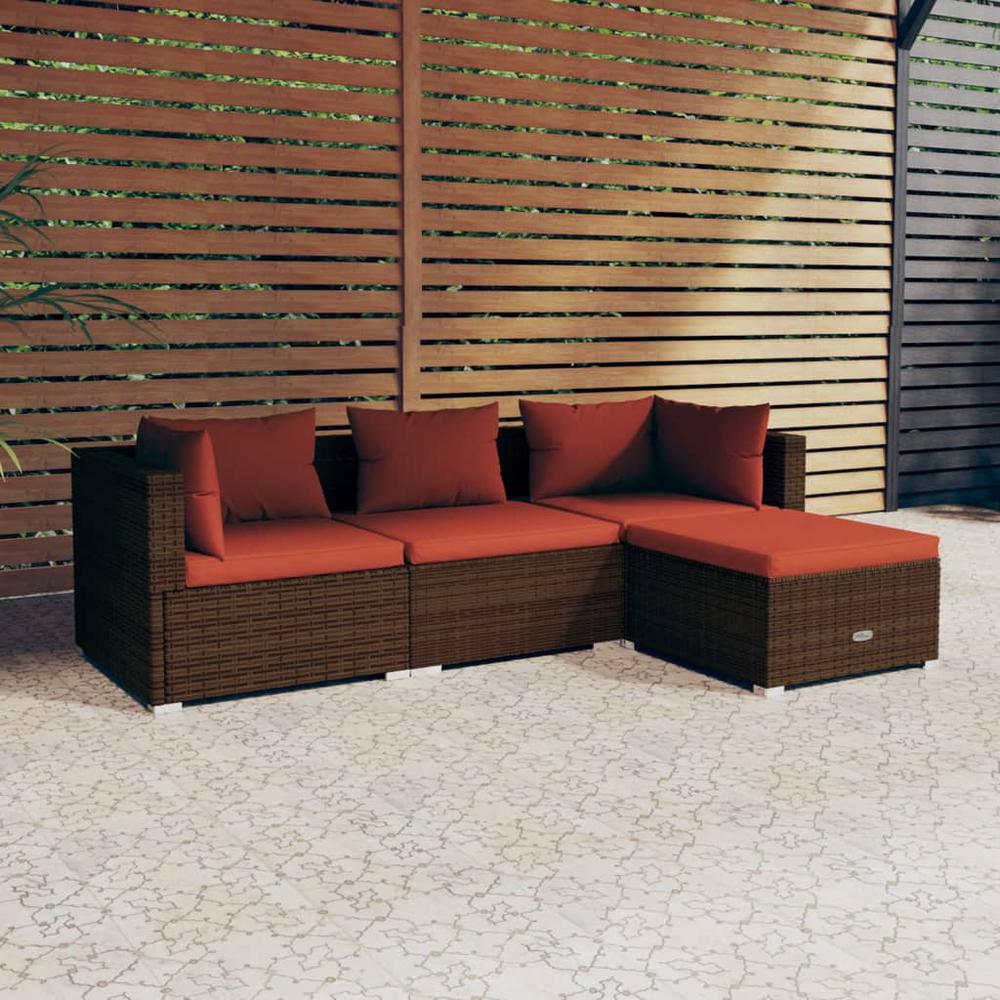 vidaXL 4 Piece Patio Lounge Set with Cushions Poly Rattan Brown, 3101643. The main picture.