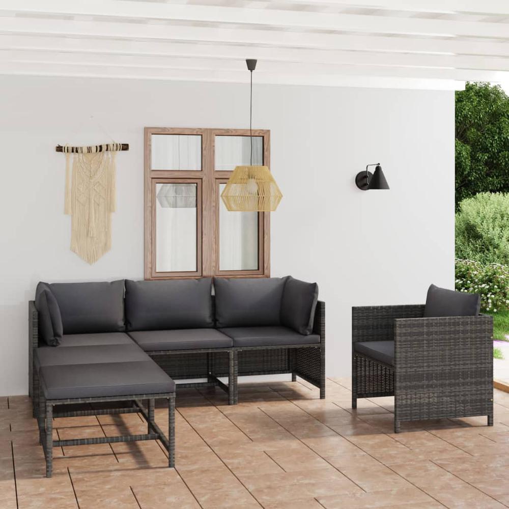 vidaXL 6 Piece Patio Lounge Set with Cushions Poly Rattan Gray, 3059756. Picture 1