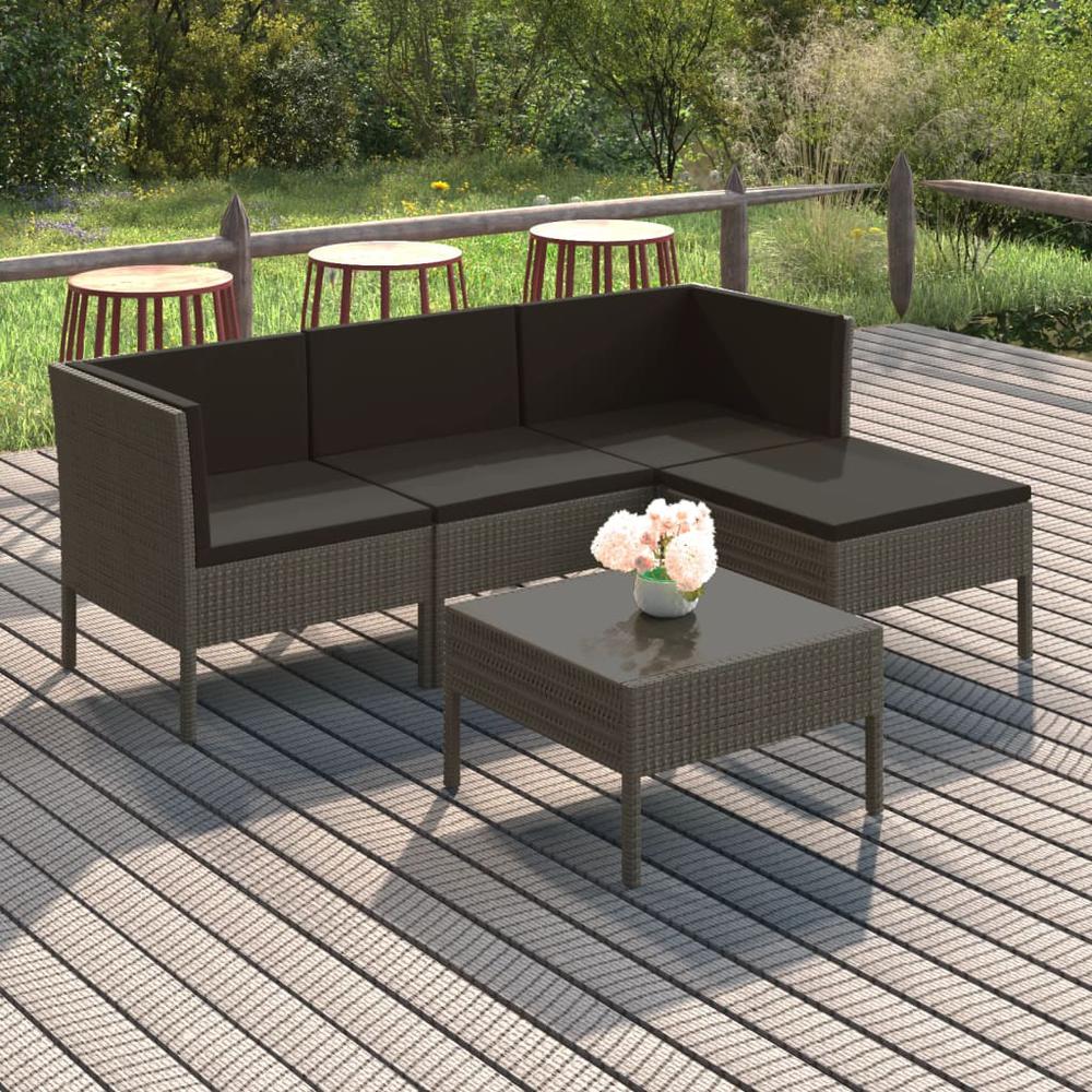 vidaXL 5 Piece Patio Lounge Set with Cushions Poly Rattan Gray, 3094378. Picture 1