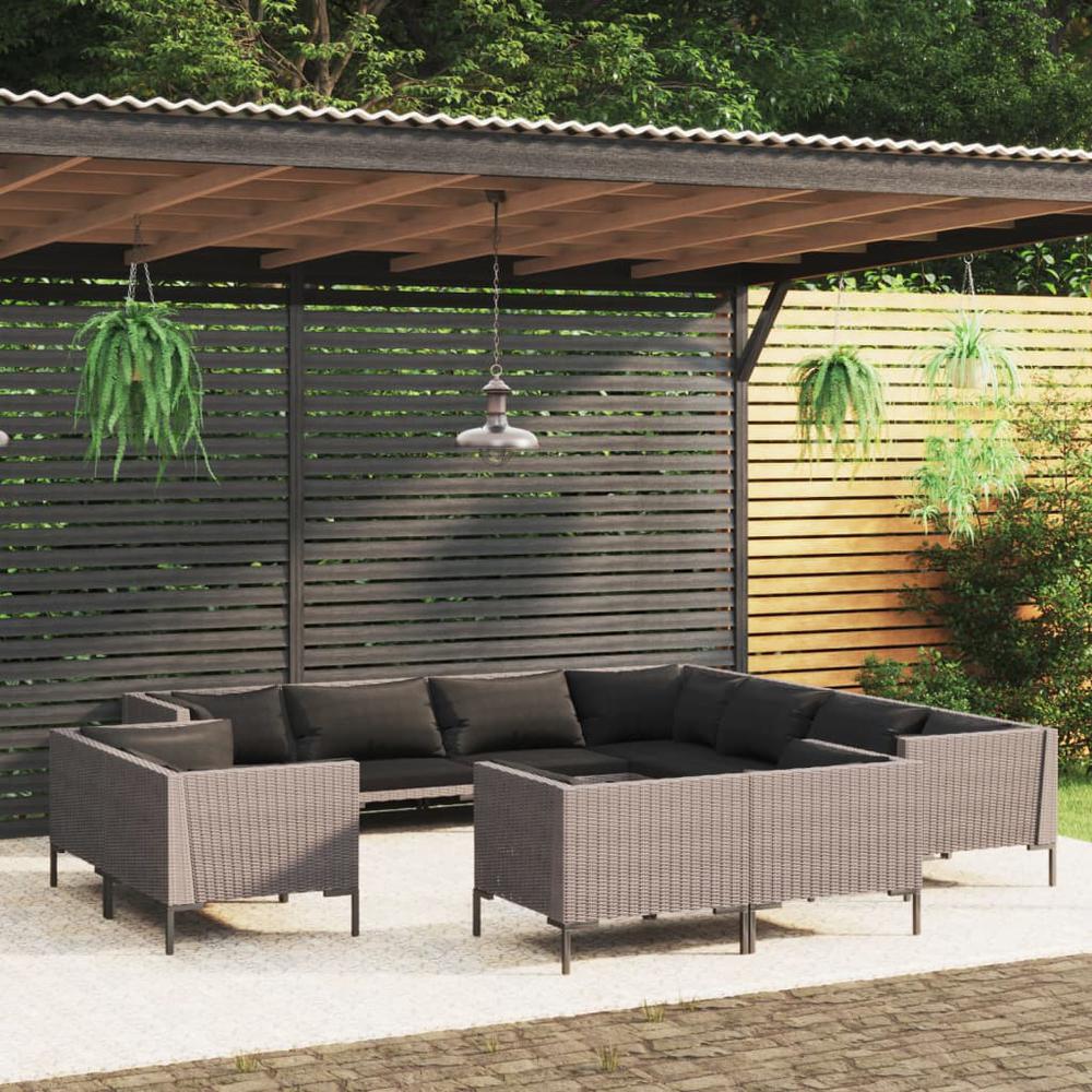 vidaXL 11 Piece Patio Lounge Set with Cushions Poly Rattan Dark Gray, 3099902. Picture 1