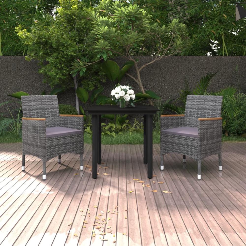 vidaXL 3 Piece Patio Dining Set with Cushions Poly Rattan and Glass, 3099775. Picture 1