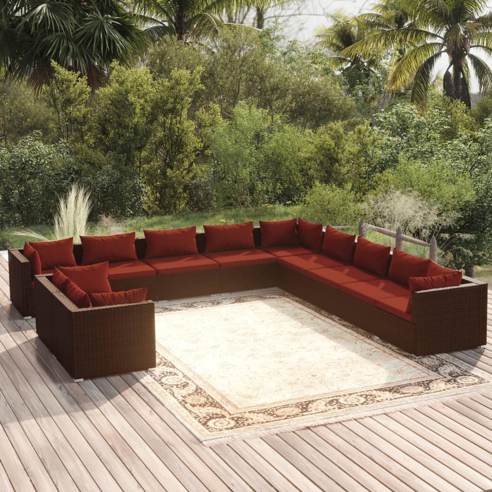 vidaXL 11 Piece Patio Lounge Set with Cushions Brown Poly Rattan, 3102531. Picture 1