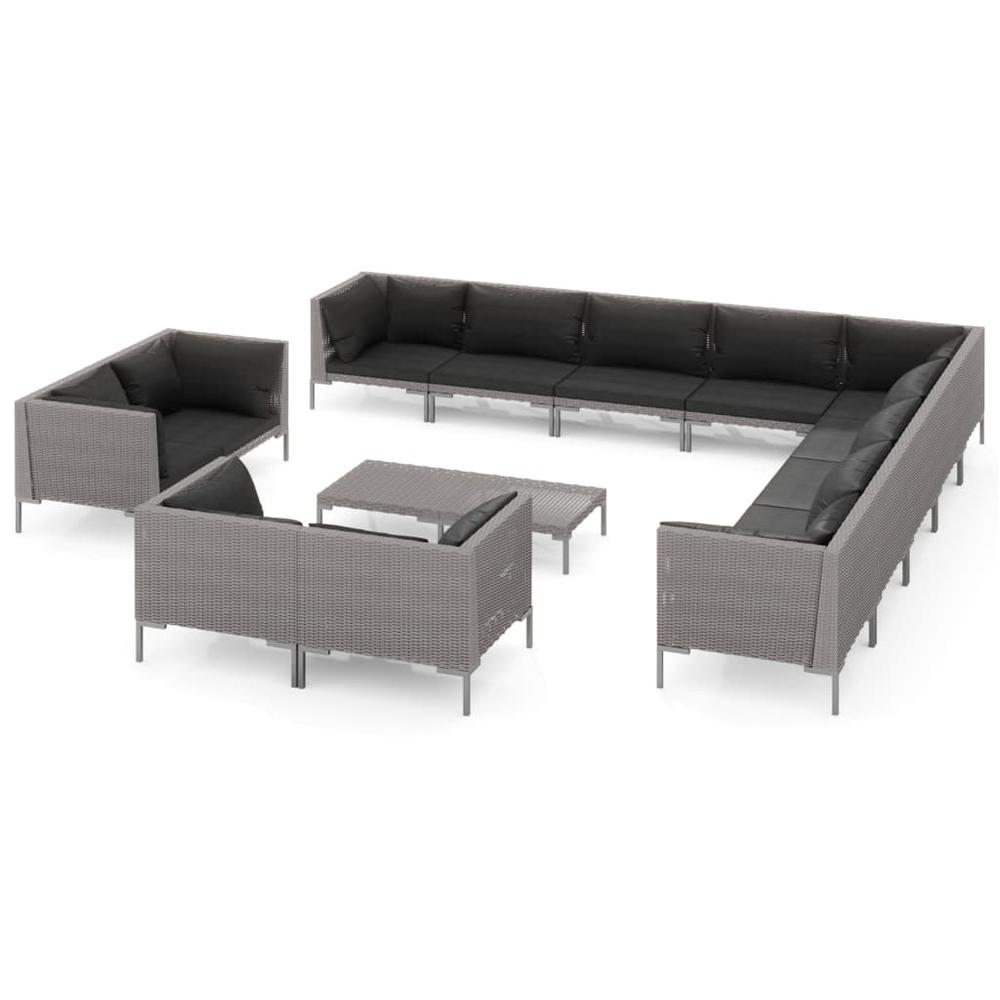 vidaXL 14 Piece Patio Lounge Set with Cushions Poly Rattan Dark Gray, 3099907. Picture 2