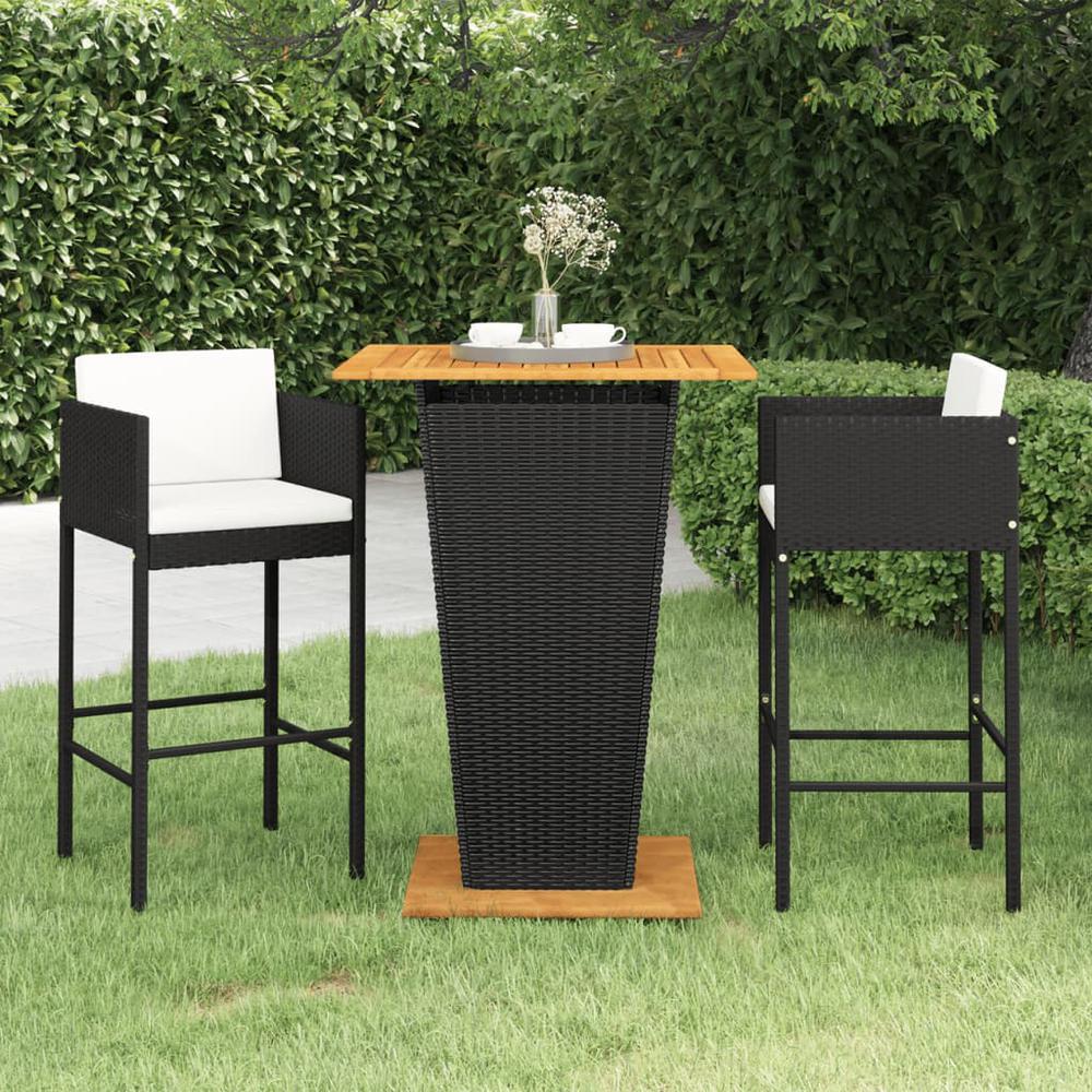 vidaXL 3 Piece Patio Bar Set with Cushions Poly Rattan Black, 3094802. Picture 1