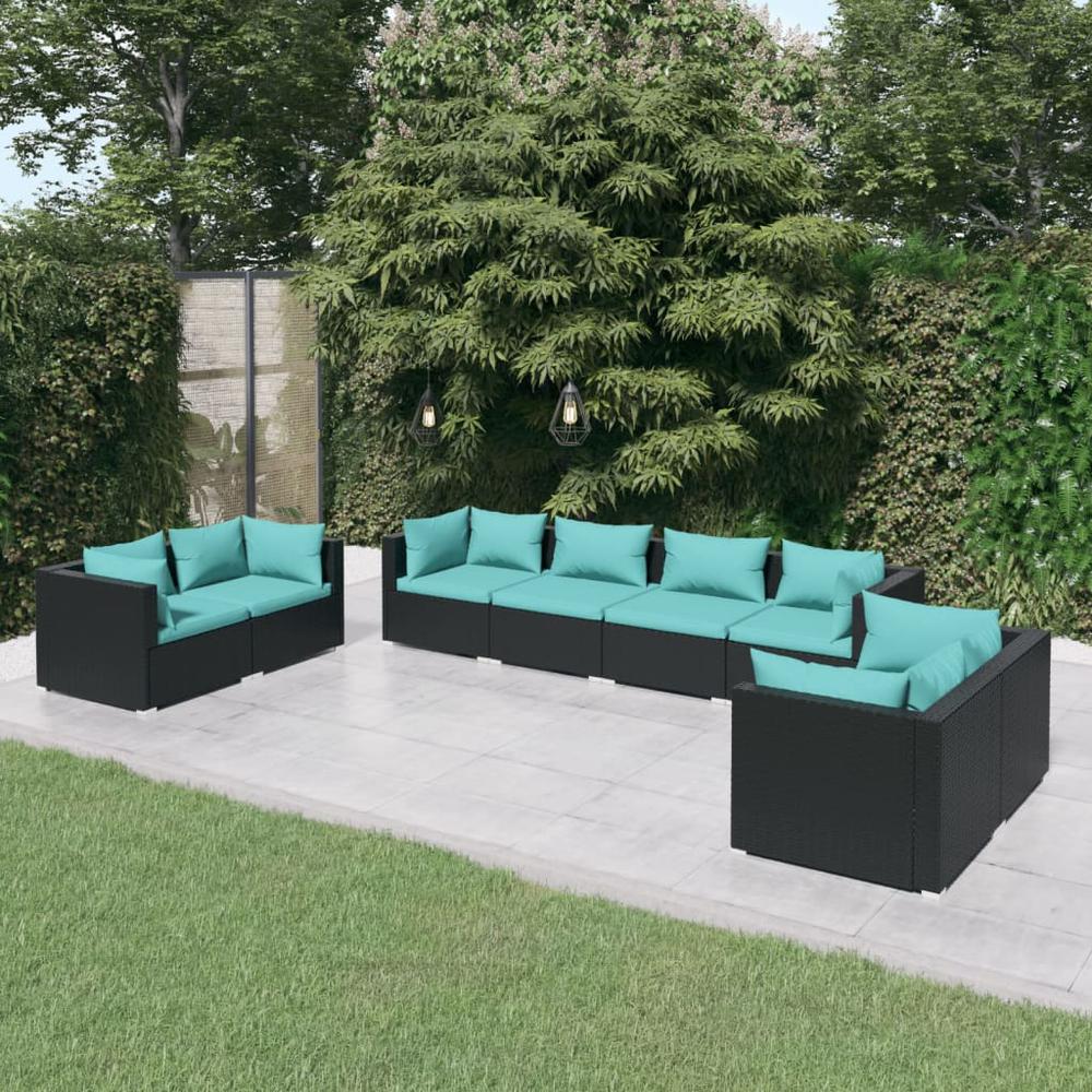vidaXL 8 Piece Patio Lounge Set with Cushions Poly Rattan Black, 3102281. Picture 1