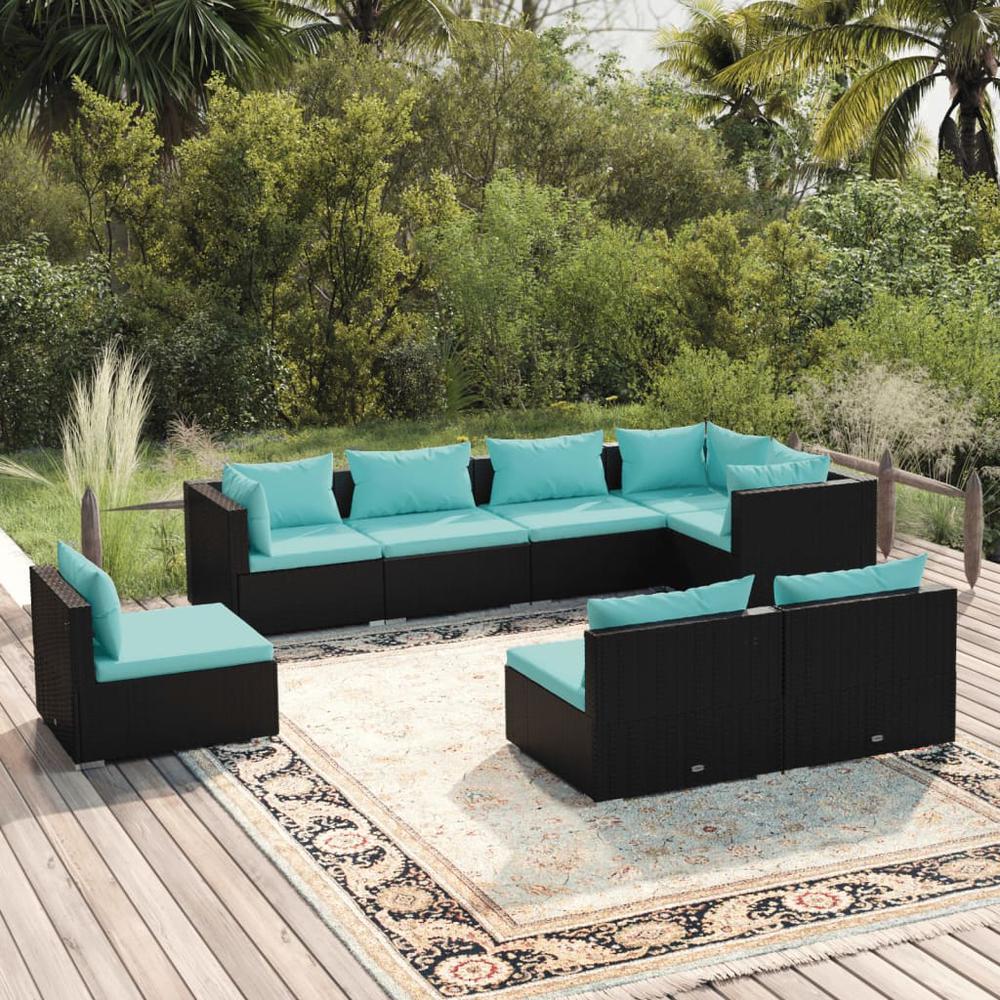 vidaXL 8 Piece Patio Lounge Set with Cushions Poly Rattan Black, 3102545. Picture 1