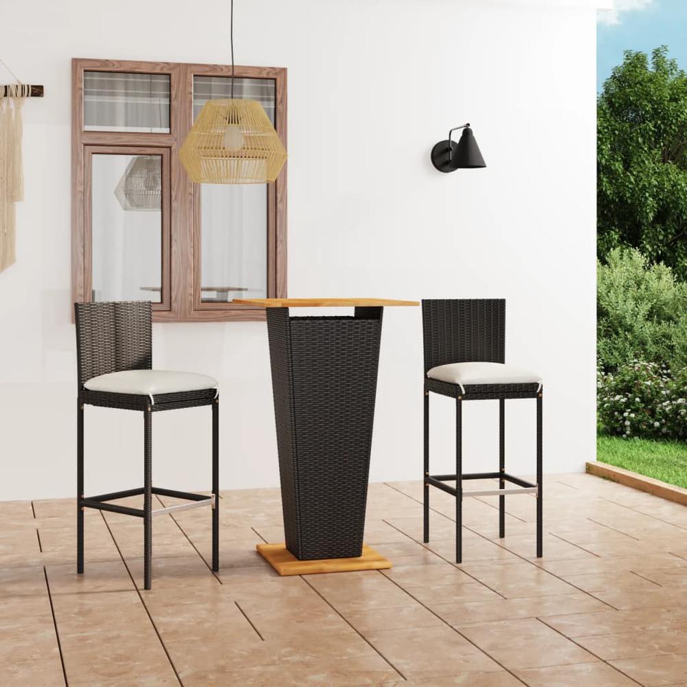vidaXL 3 Piece Patio Bar Set with Cushions Poly Rattan Black, 3064856. Picture 1
