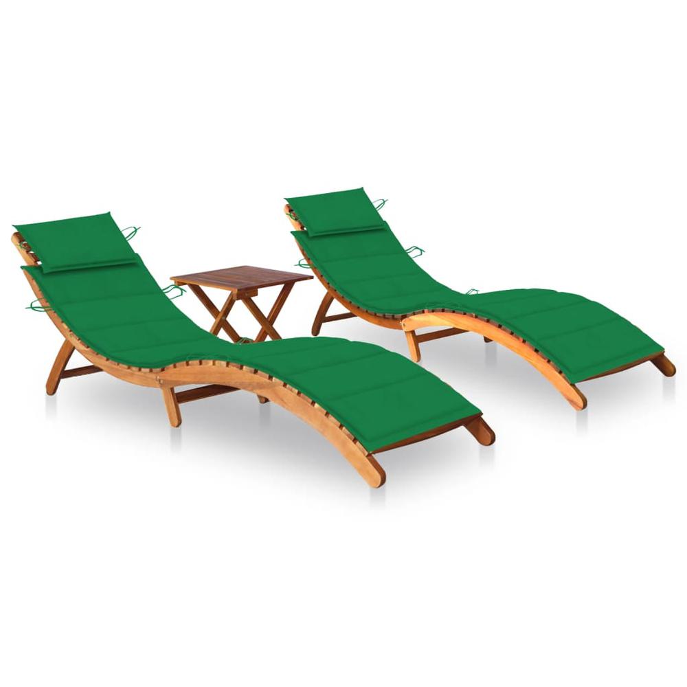 vidaXL Sun Loungers 2 pcs with Table and Cushions Solid Acacia Wood, 3077381. Picture 1
