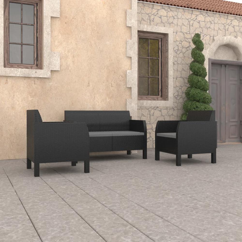 vidaXL 3 Piece Patio Lounge Set with Cushions PP Rattan Anthracite, 3079671. Picture 1