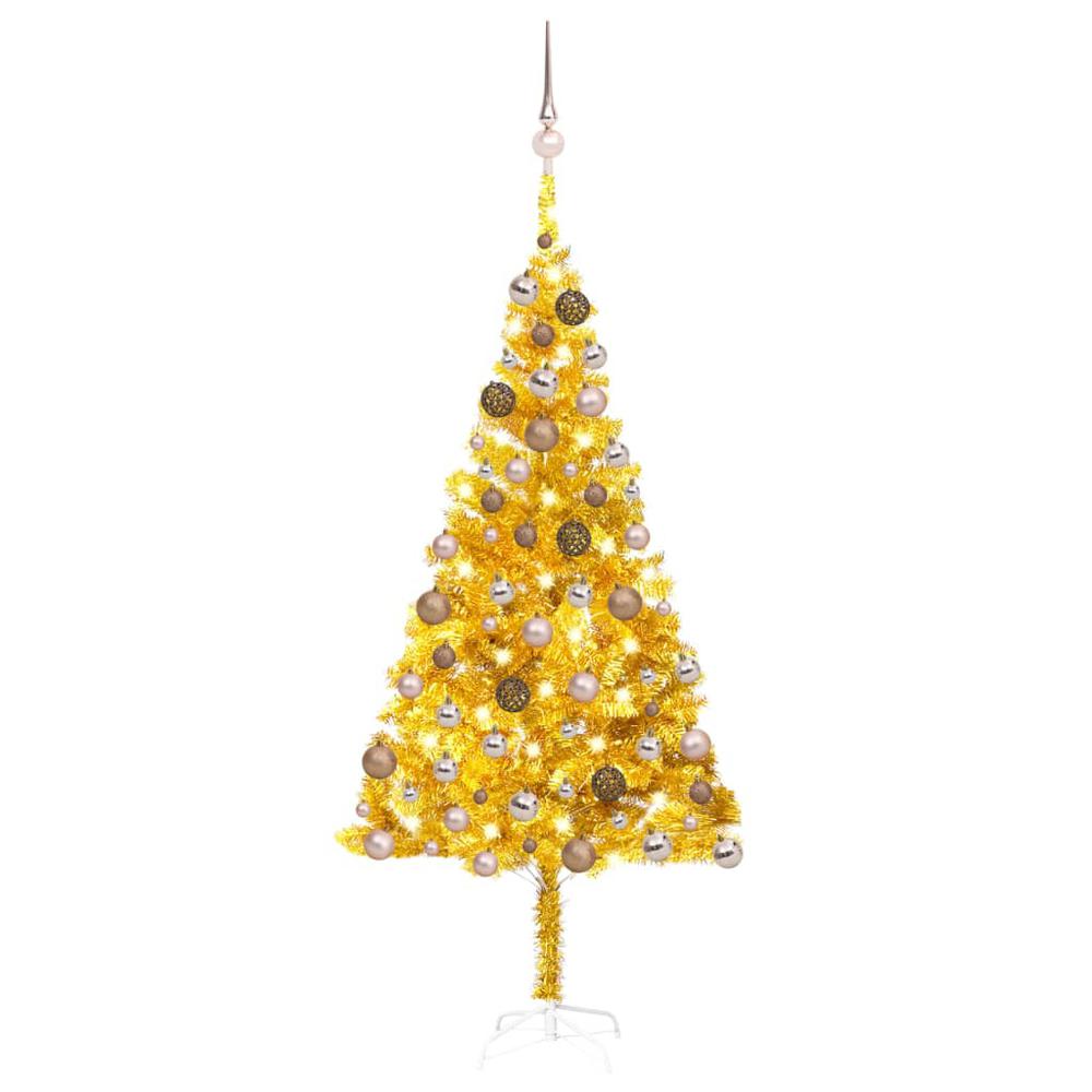vidaXL Artificial Christmas Tree with LEDs&Ball Set Gold 70.9" PET, 3077605. Picture 1