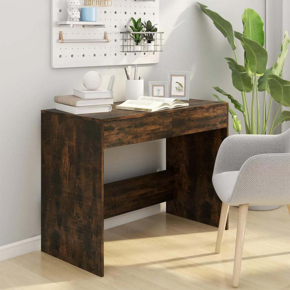 vidaXL Desk Smoked Oak 39.8"x19.7"x30.1" Engineered Wood. Picture 3