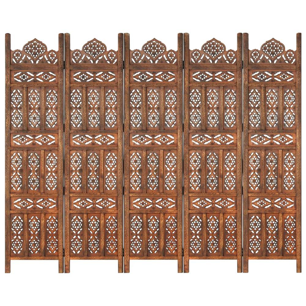 vidaXL Hand carved 5-Panel Room Divider Brown 78.7"x65" Solid Mango Wood, 285326. Picture 1