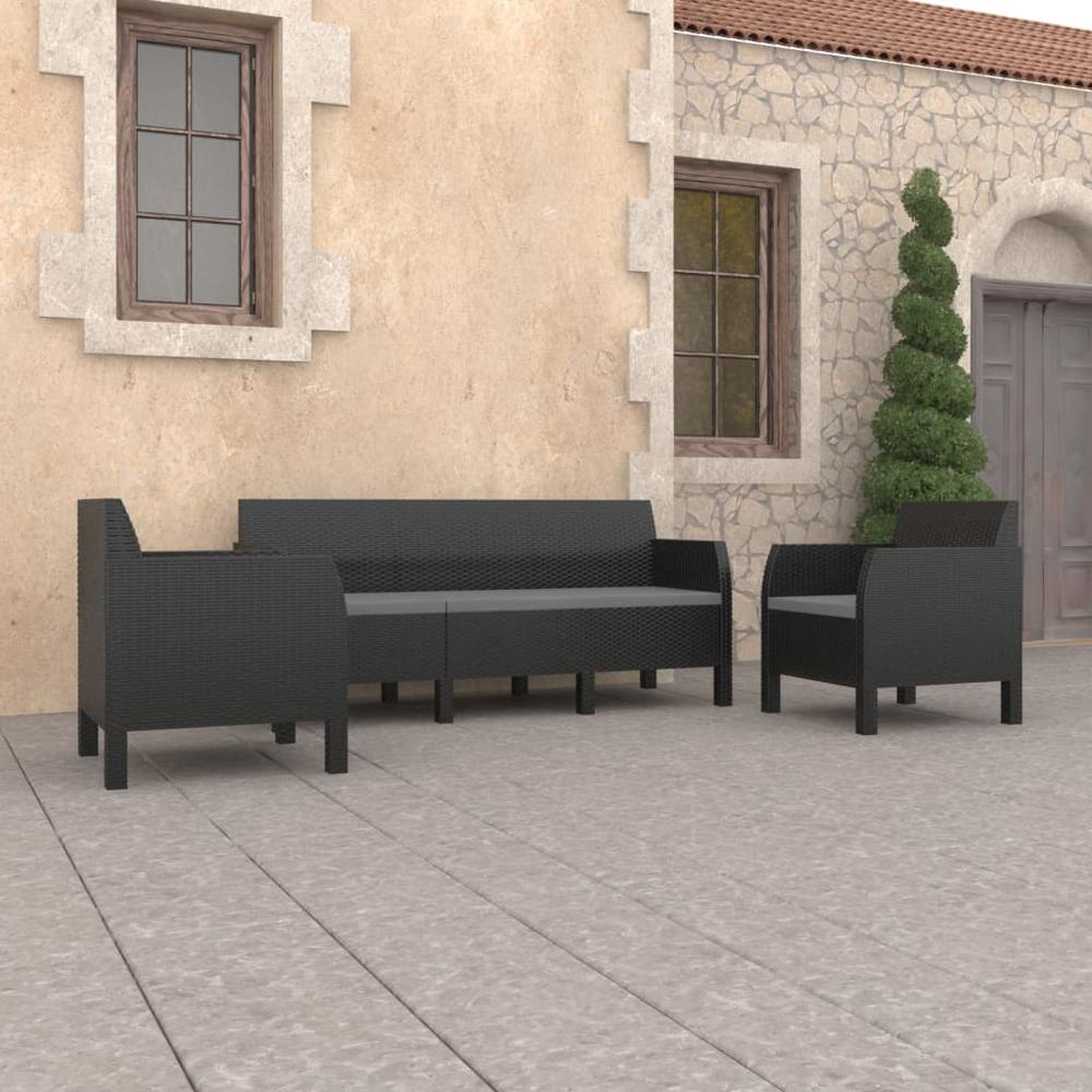 vidaXL 3 Piece Patio Lounge Set with Cushions PP Rattan Anthracite, 3079672. Picture 1