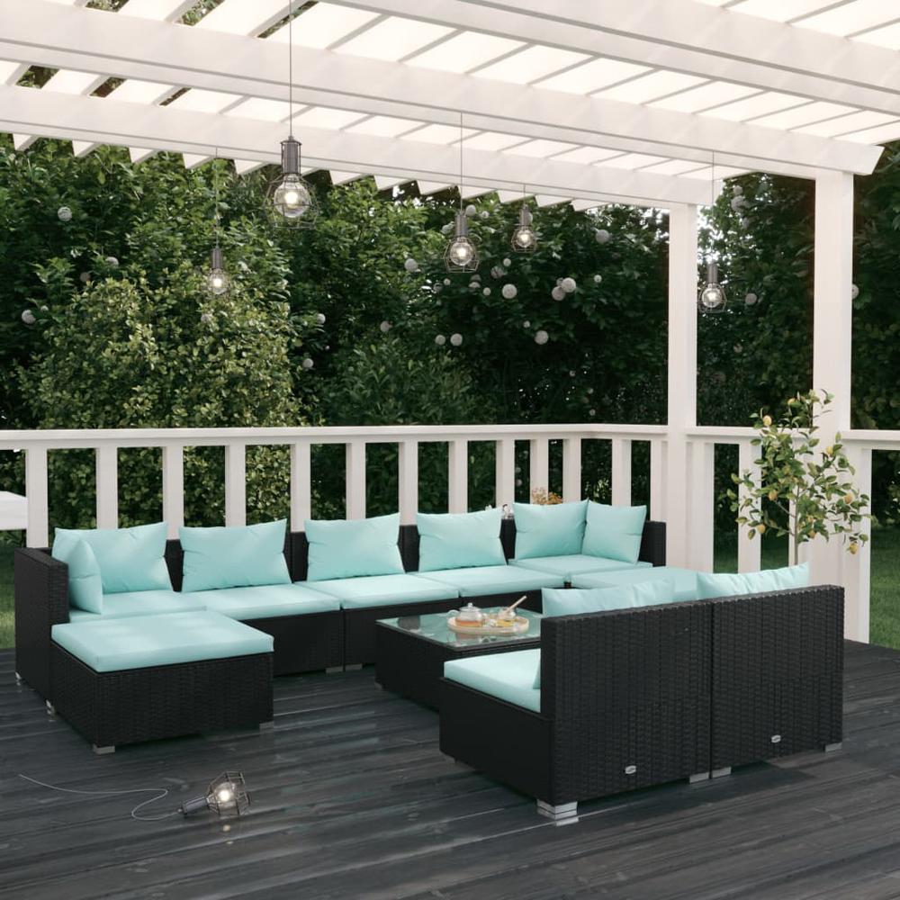 vidaXL 10 Piece Patio Lounge Set with Cushions Black Poly Rattan, 3102009. The main picture.