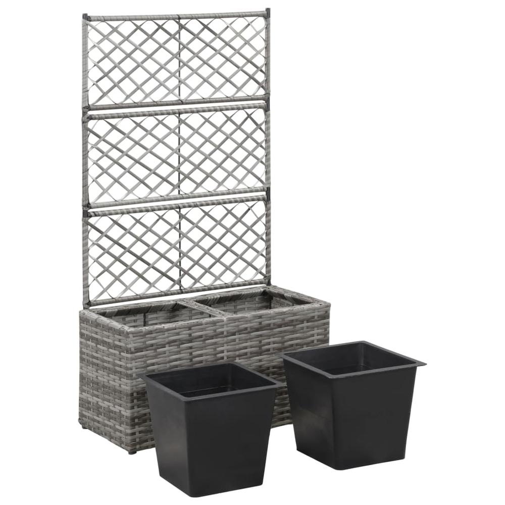 vidaXL Trellis Raised Bed with 2 Pots 22.8" x 11.8" x 42.1" Poly Rattan Gray. Picture 4