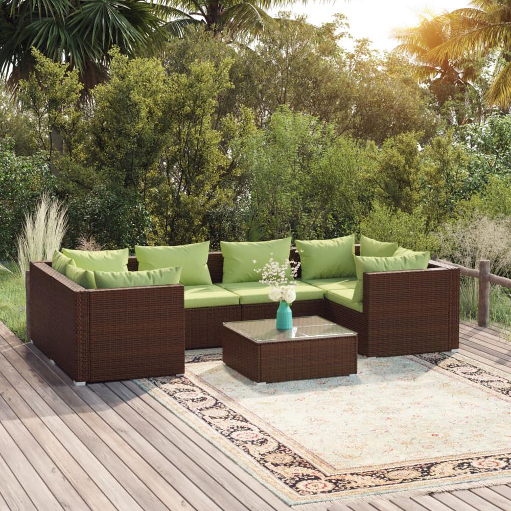 vidaXL 7 Piece Patio Lounge Set with Cushions Poly Rattan Brown, 3101948. Picture 1