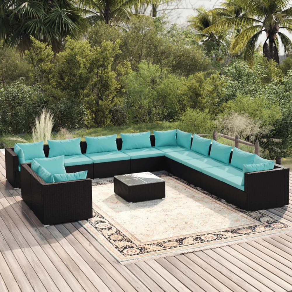 vidaXL 12 Piece Patio Lounge Set with Cushions Black Poly Rattan, 3102537. The main picture.