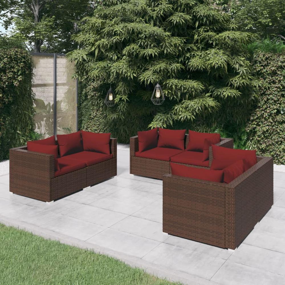 vidaXL 6 Piece Patio Lounge Set with Cushions Poly Rattan Brown, 3102299. Picture 1