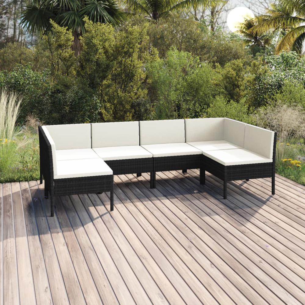 vidaXL 6 Piece Patio Lounge Set with Cushions Poly Rattan Black, 3094588. Picture 1
