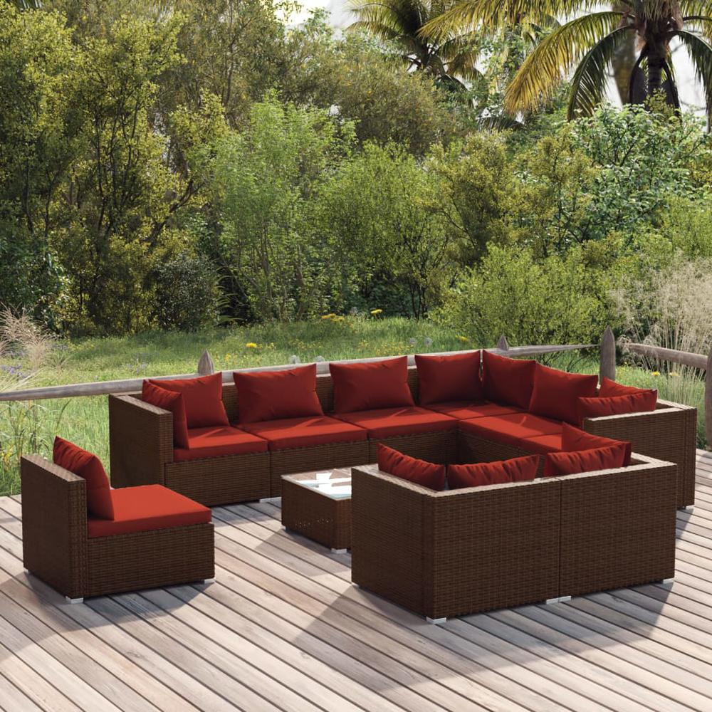 vidaXL 10 Piece Patio Lounge Set with Cushions Poly Rattan Brown, 3102651. Picture 1