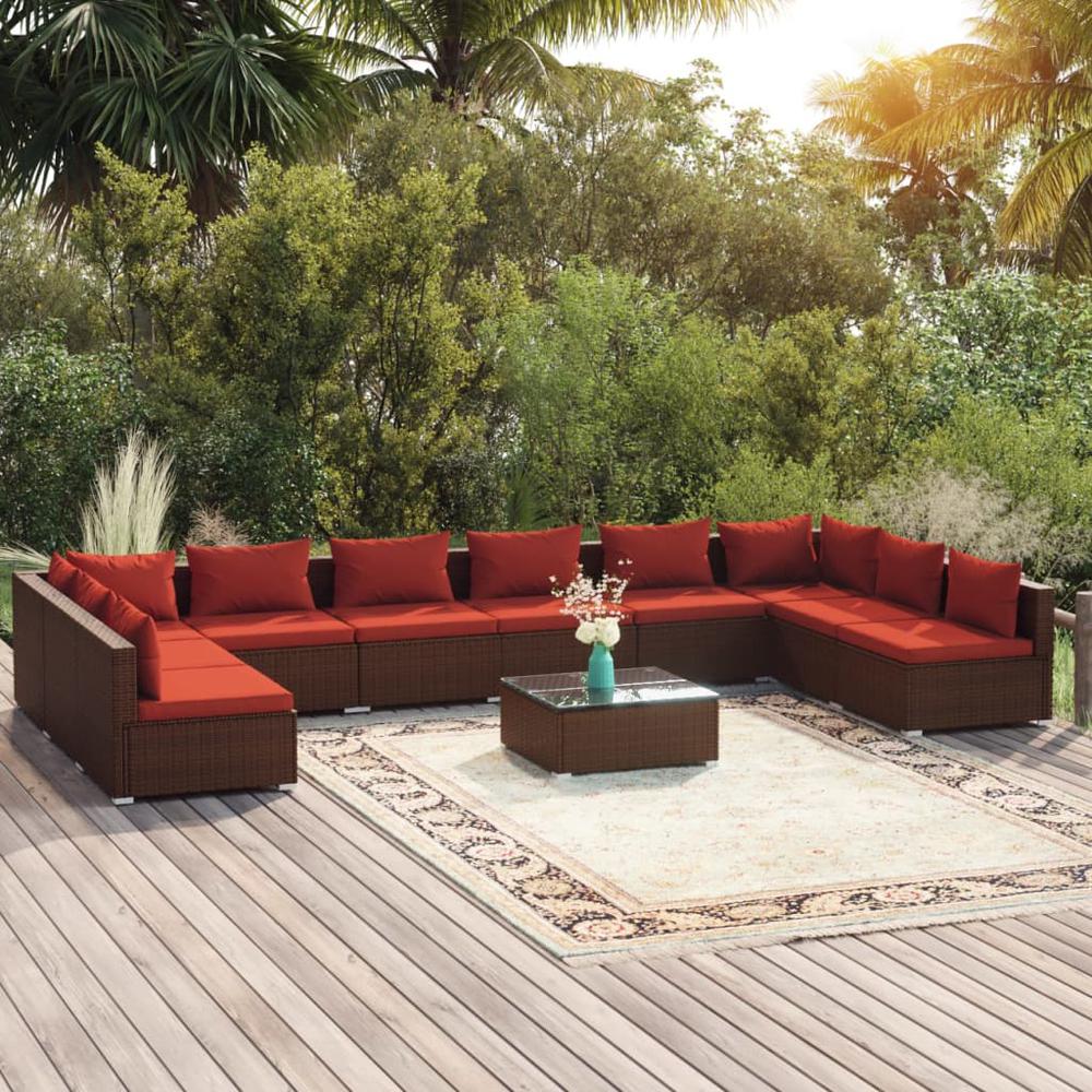 vidaXL 11 Piece Patio Lounge Set with Cushions Poly Rattan Brown, 3101931. Picture 1